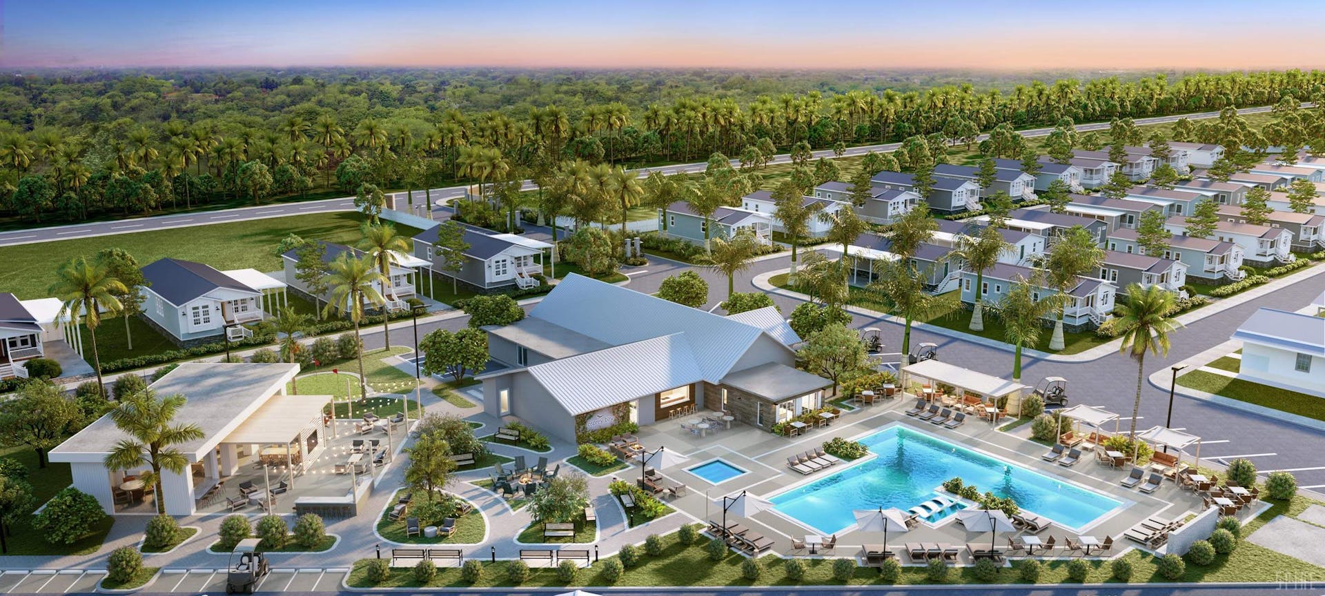 Neighborhood rendering with houses, clubhouse, and pool